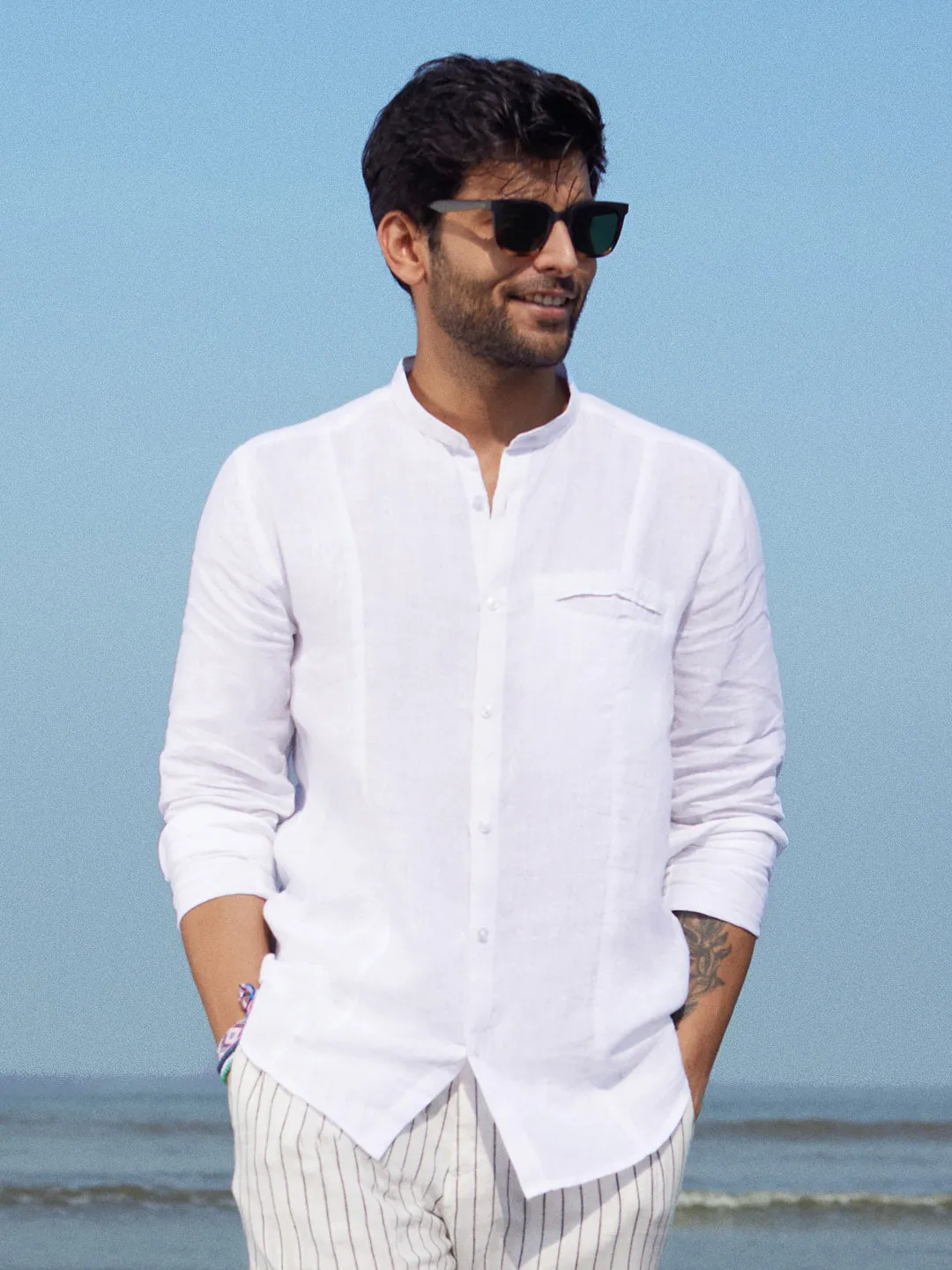 100% Pure Linen Mandarin Shirt - Aspire