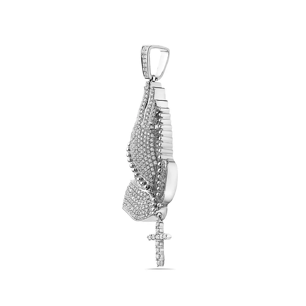 14K White Gold Praying Hands Women's Pendant With 4.55 CT Diamonds