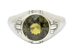 Art Deco 5.25 CTW No Heat Green Sapphire Diamond Platinum Men's Ring GIA