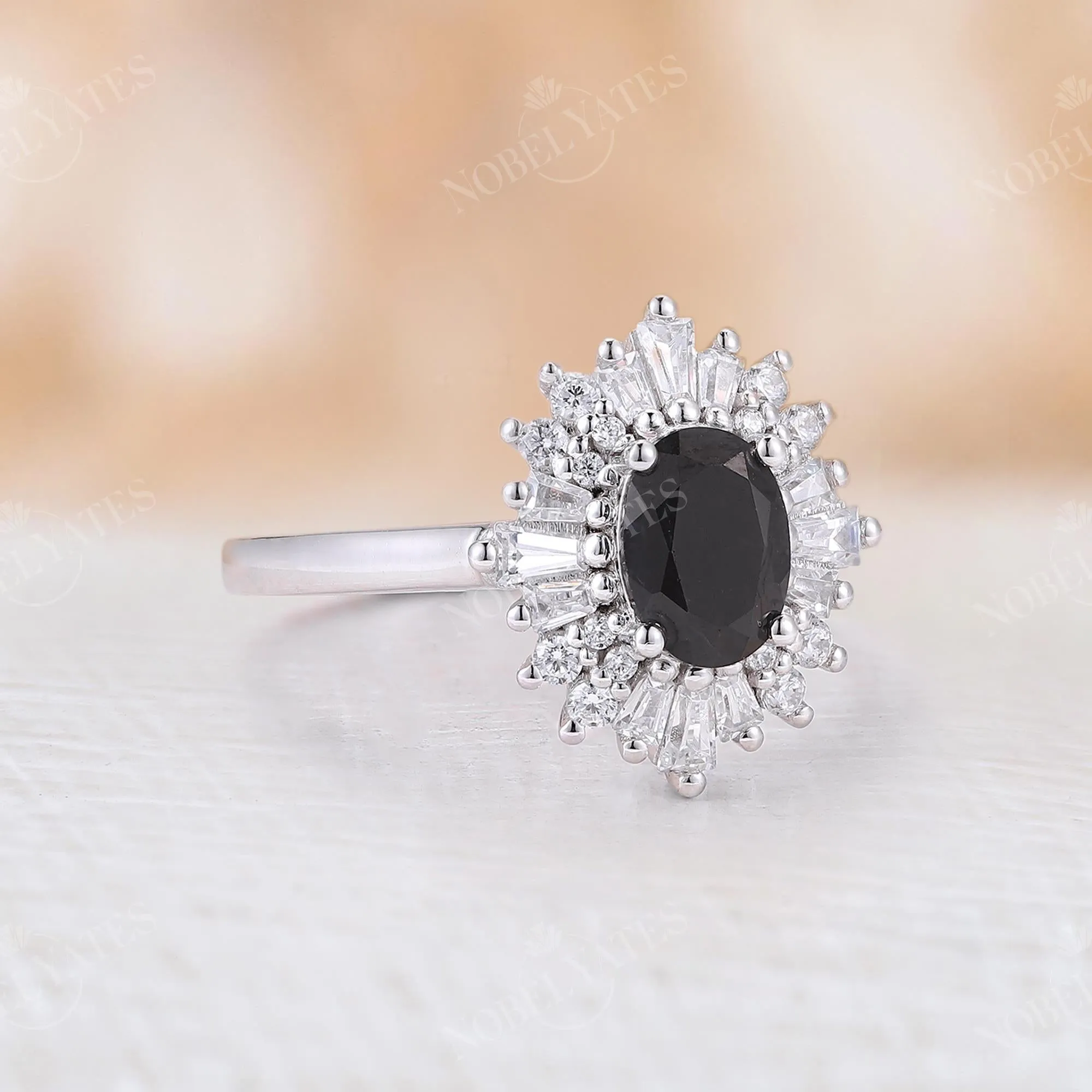 Art Deco Oval Black Onyx White Gold Halo Engagement Ring