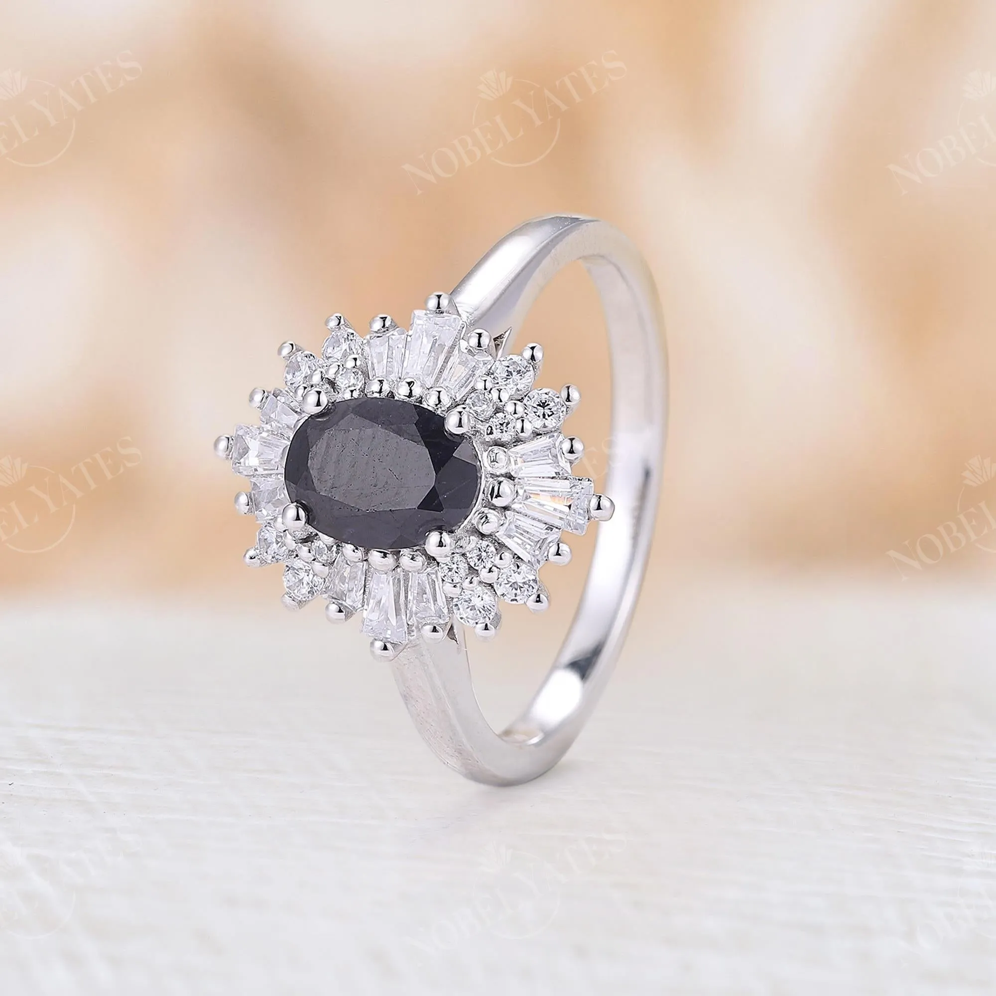 Art Deco Oval Black Onyx White Gold Halo Engagement Ring