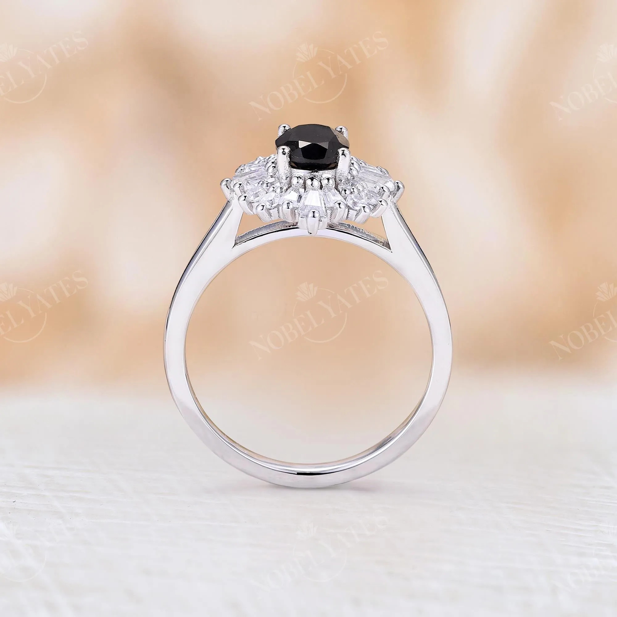 Art Deco Oval Black Onyx White Gold Halo Engagement Ring