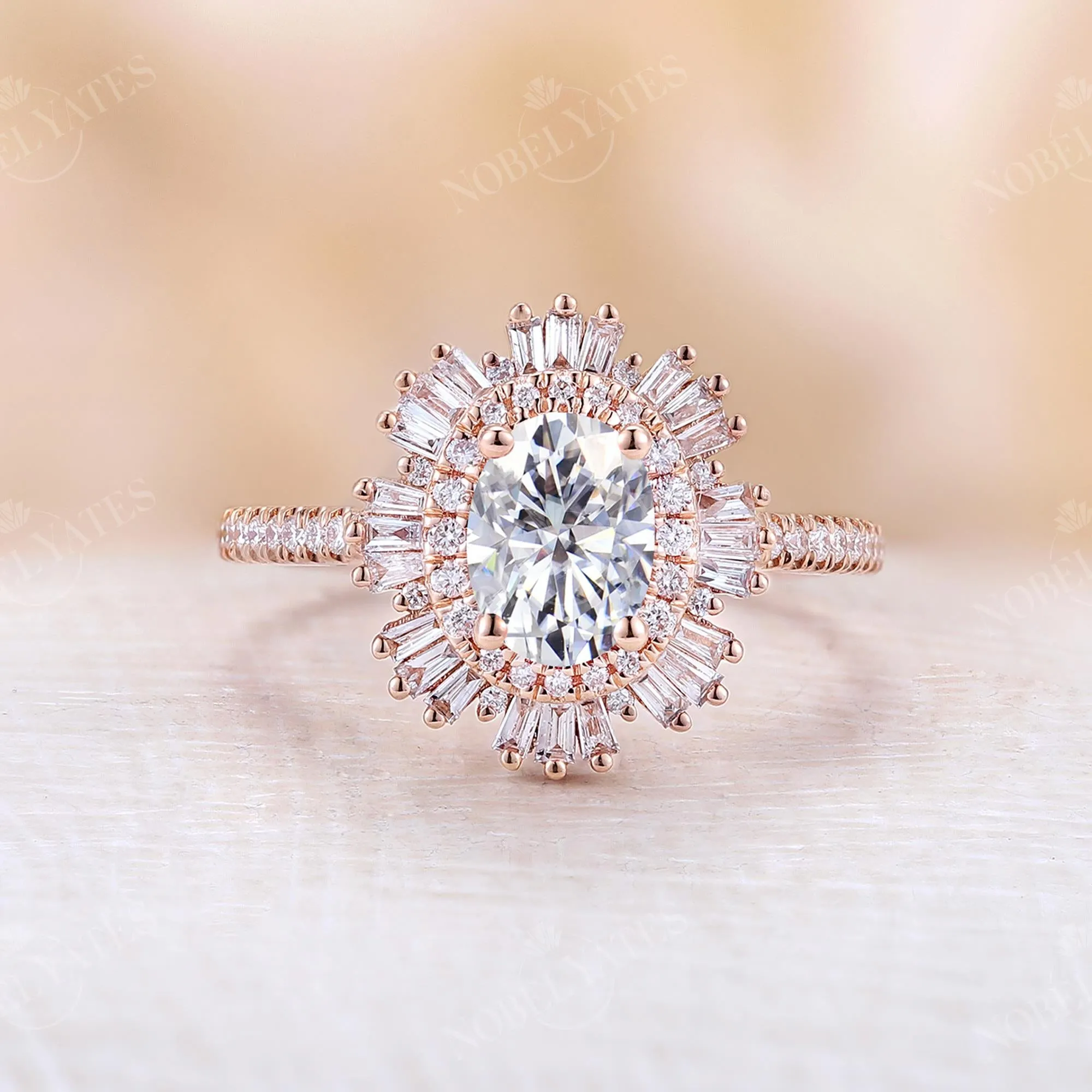 Art Deco Starburst Oval White Opal Engagement Ring Rose Gold