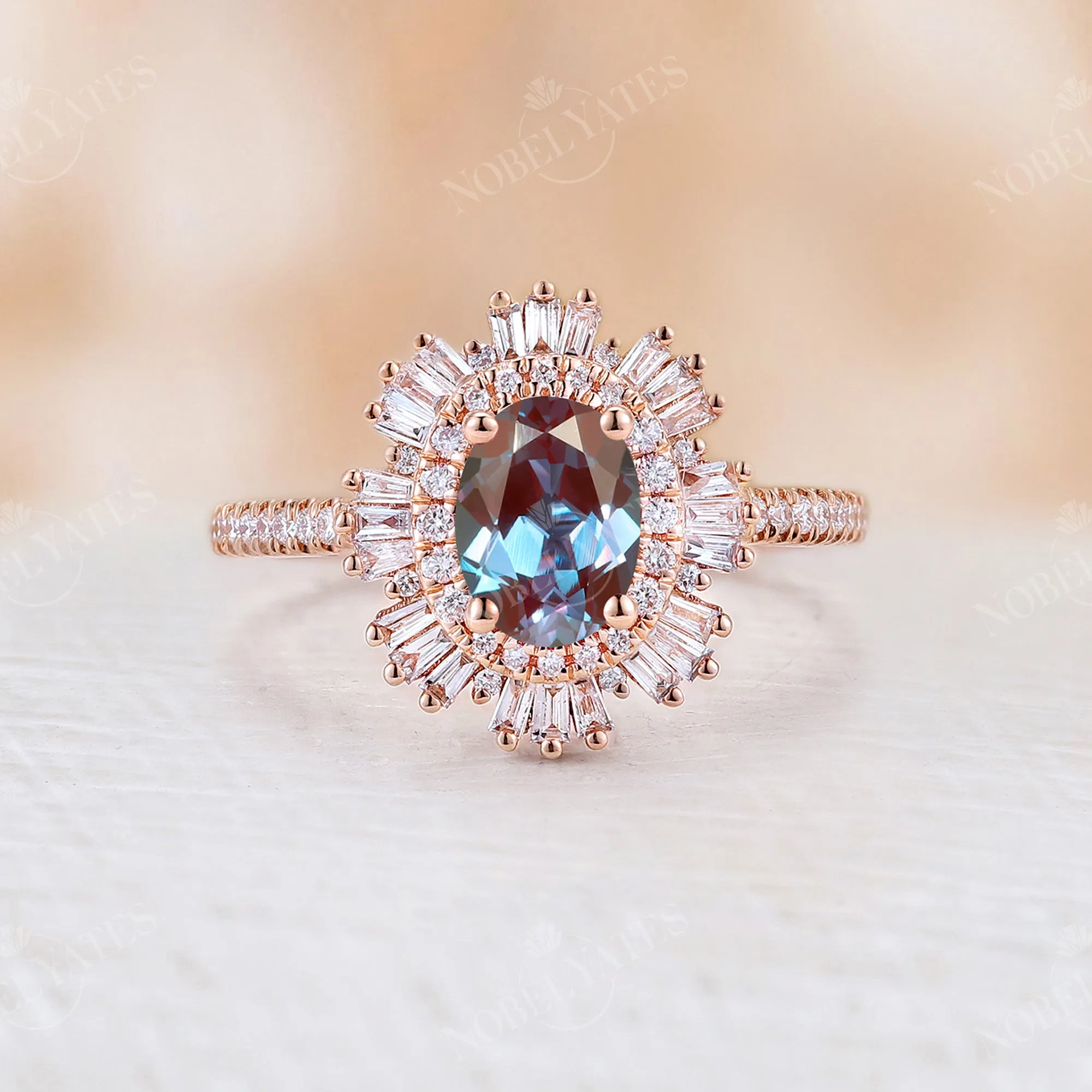 Art Deco Starburst Oval White Opal Engagement Ring Rose Gold