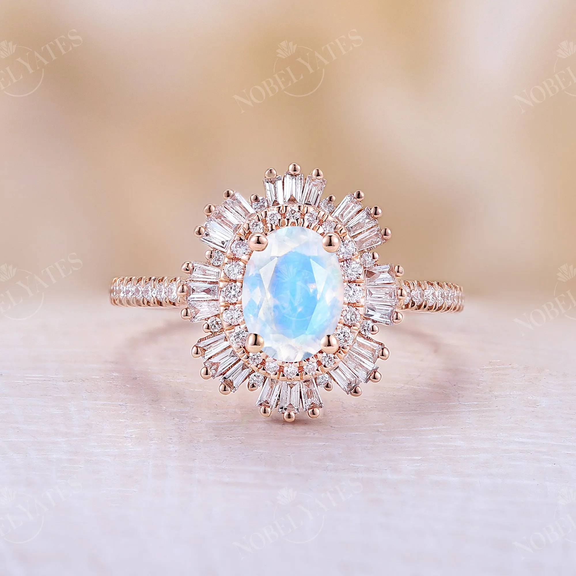 Art Deco Starburst Oval White Opal Engagement Ring Rose Gold