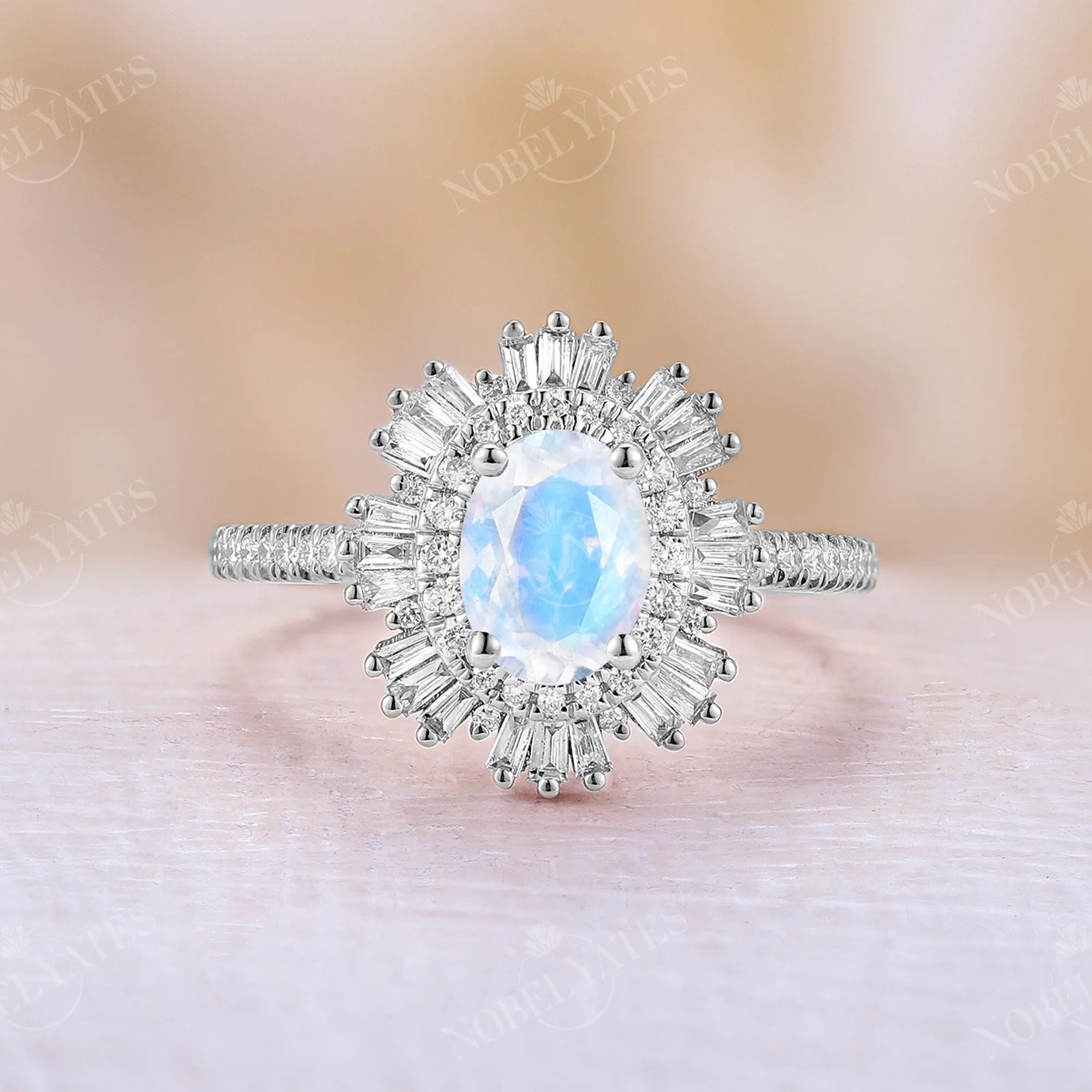 Art Deco Starburst Oval White Opal Engagement Ring Rose Gold