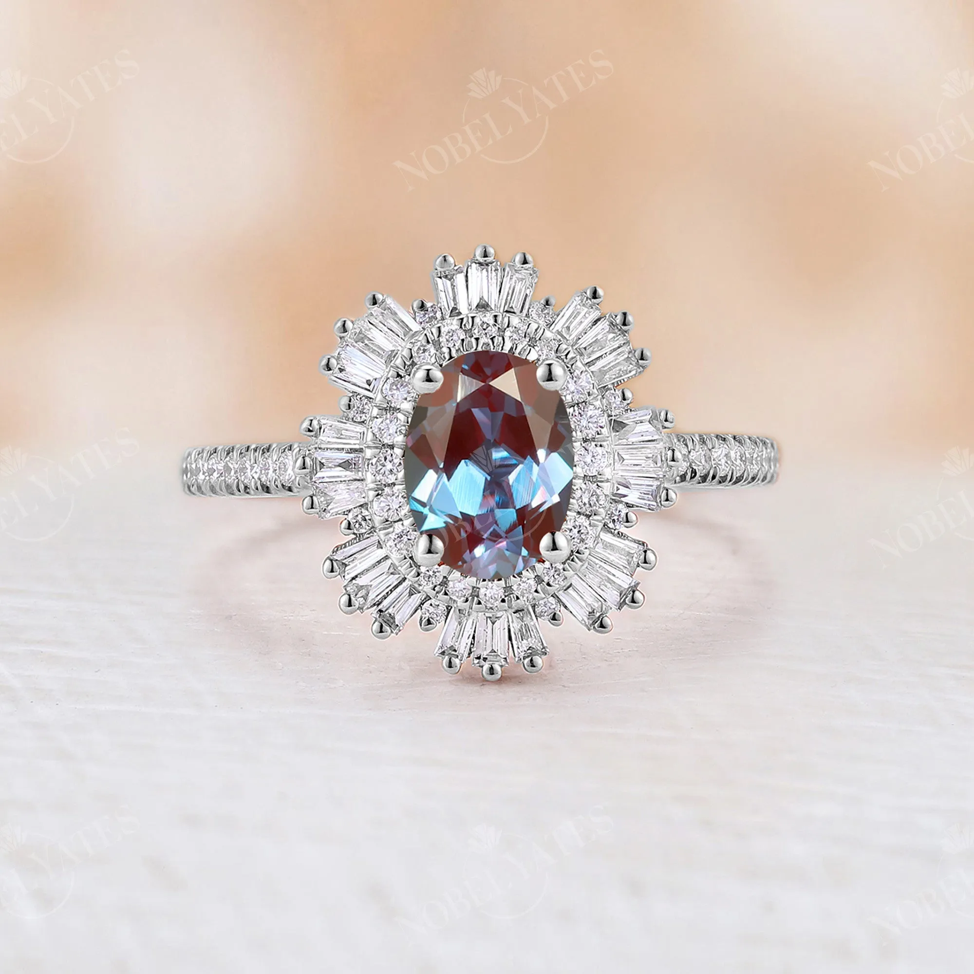 Art Deco Starburst Oval White Opal Engagement Ring Rose Gold