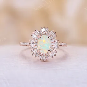 Art Deco Starburst Oval White Opal Engagement Ring Rose Gold