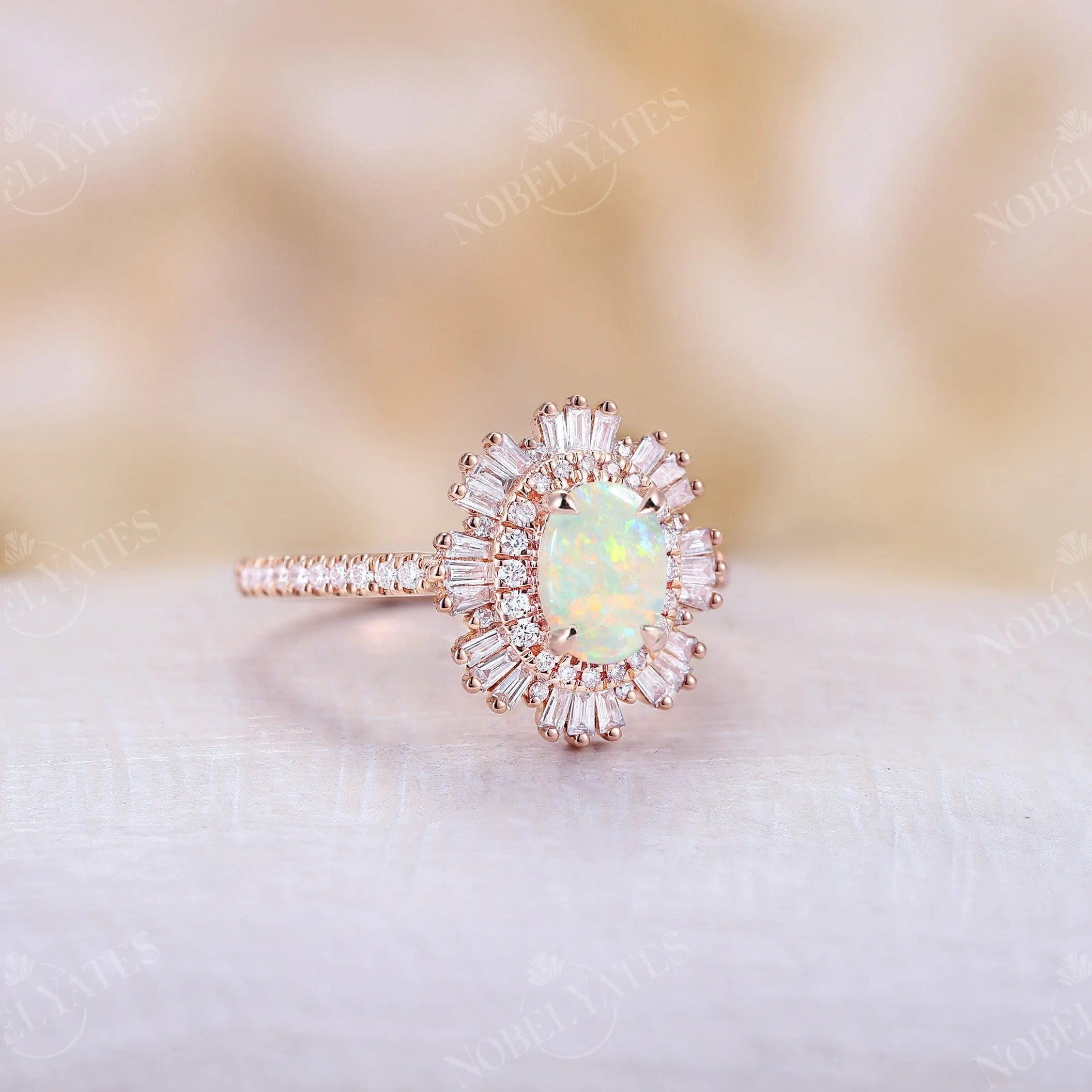 Art Deco Starburst Oval White Opal Engagement Ring Rose Gold