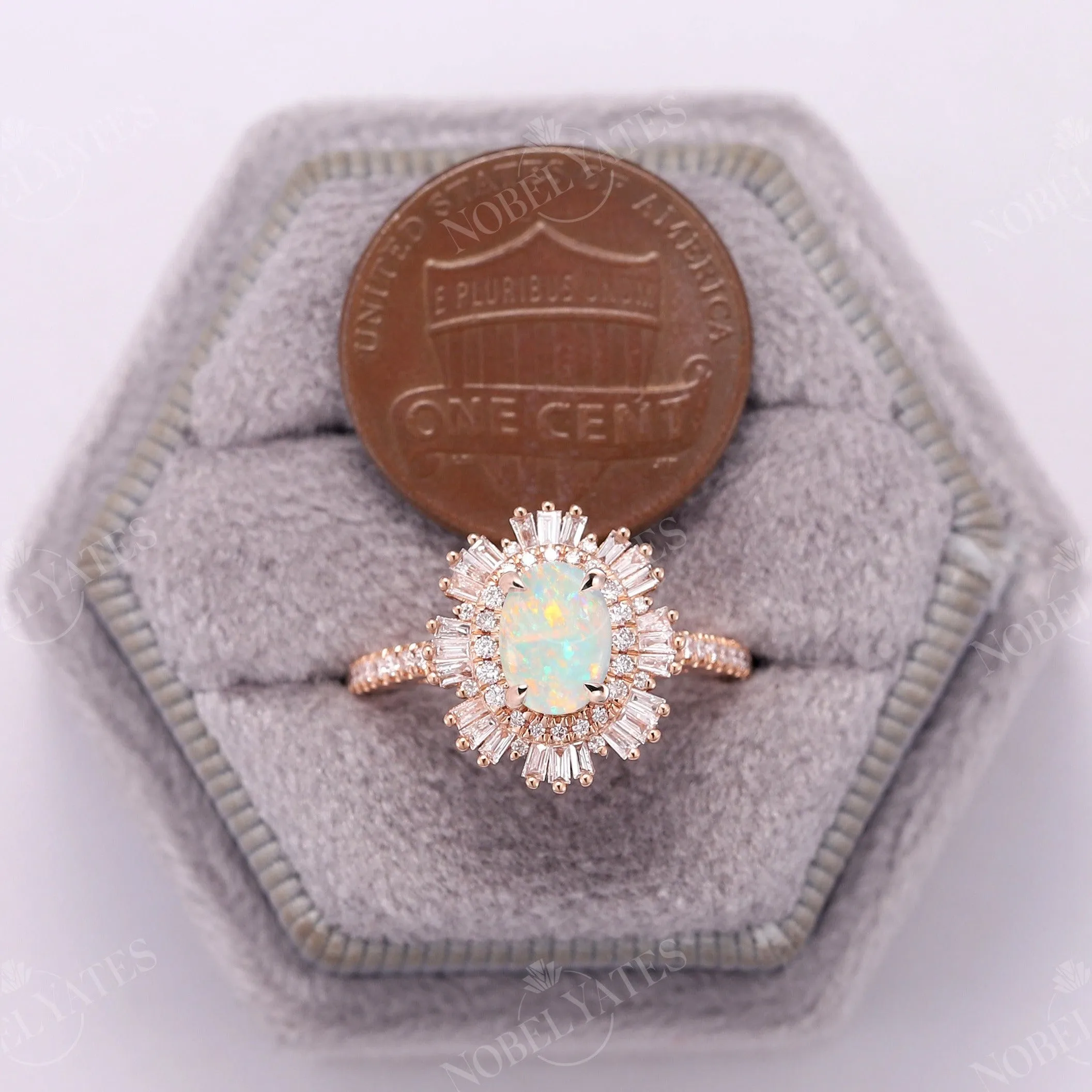 Art Deco Starburst Oval White Opal Engagement Ring Rose Gold