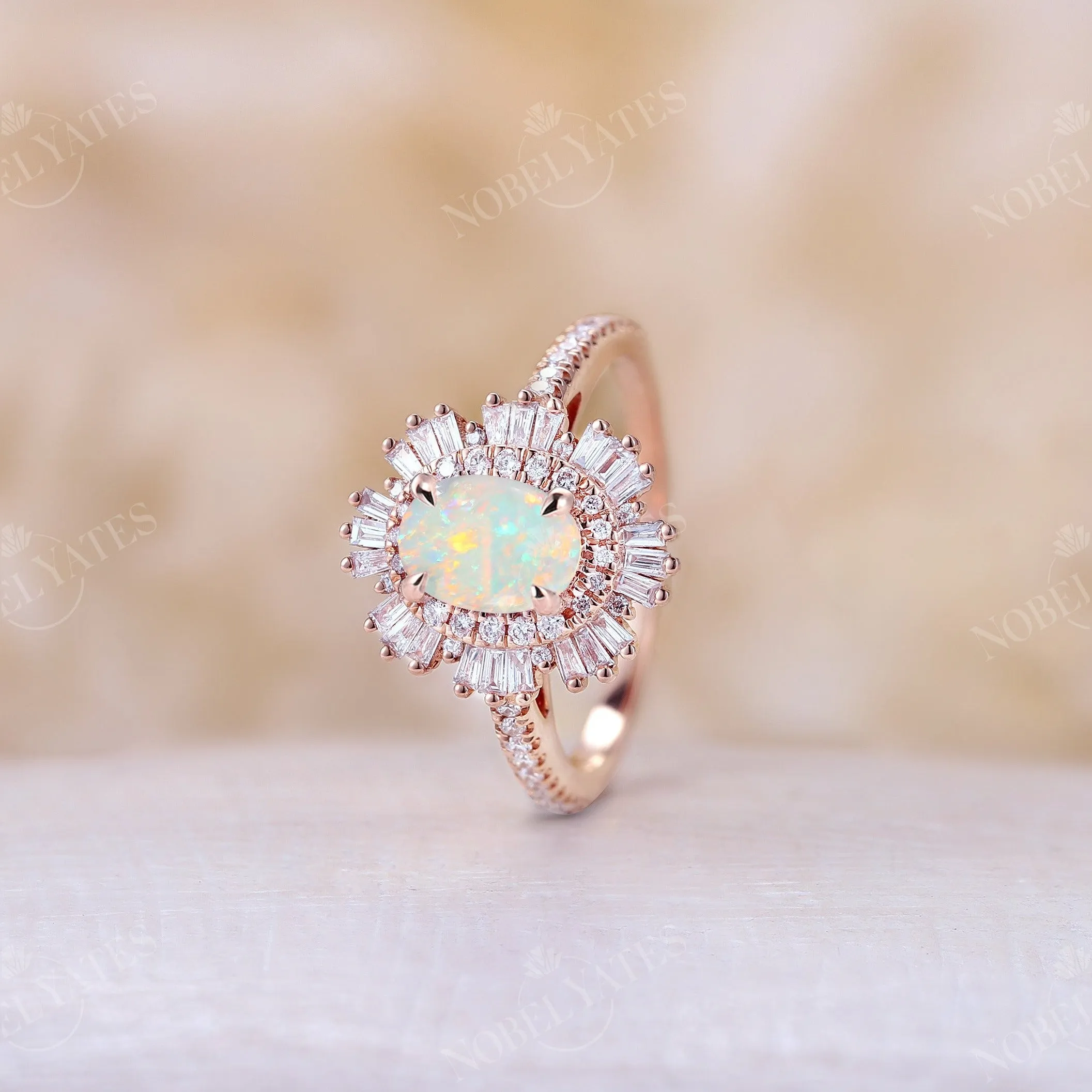 Art Deco Starburst Oval White Opal Engagement Ring Rose Gold