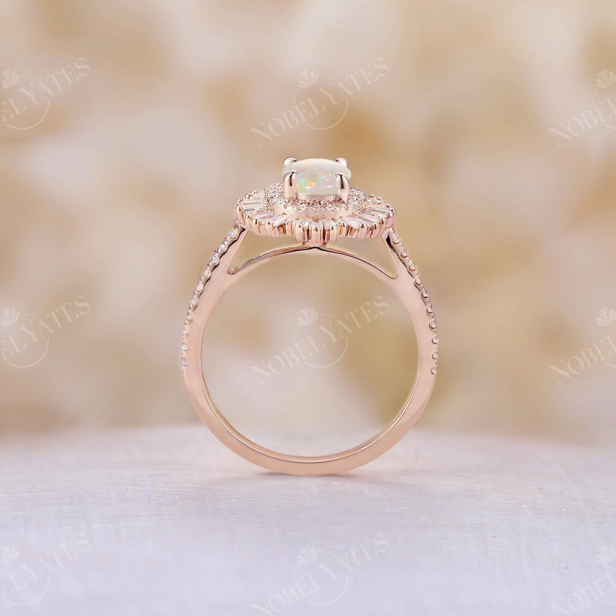 Art Deco Starburst Oval White Opal Engagement Ring Rose Gold