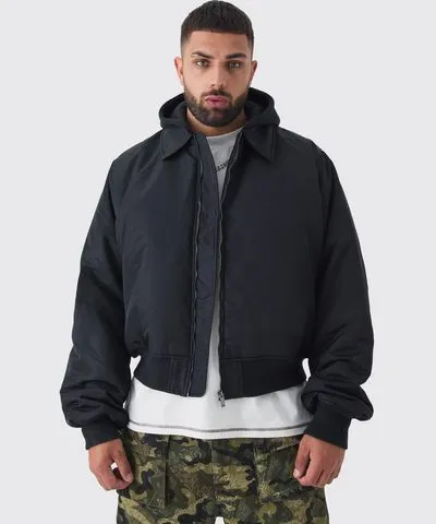 boohoo Mens Plus Collared Boxy Bomber Jacket With Jersey Knit Hood