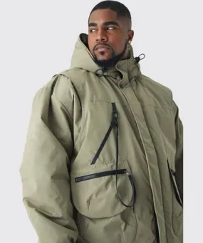 boohoo Mens Plus Hooded Utility Tech Parka Jacket In Khaki