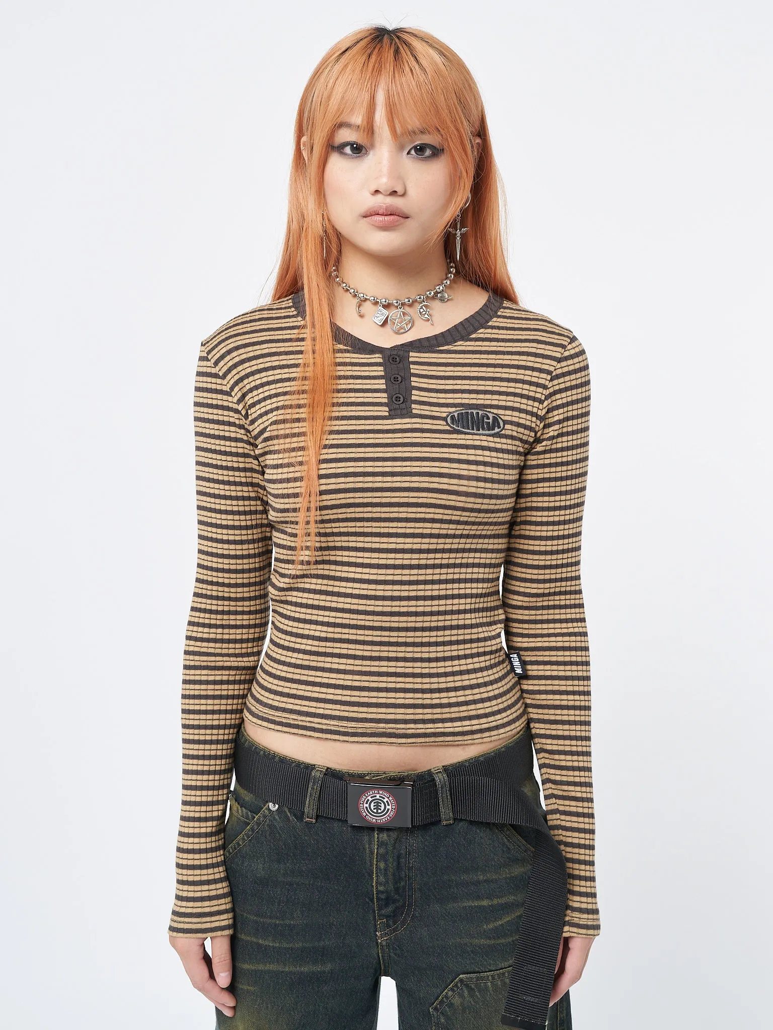 Brownie Half Button Striped Rib Top