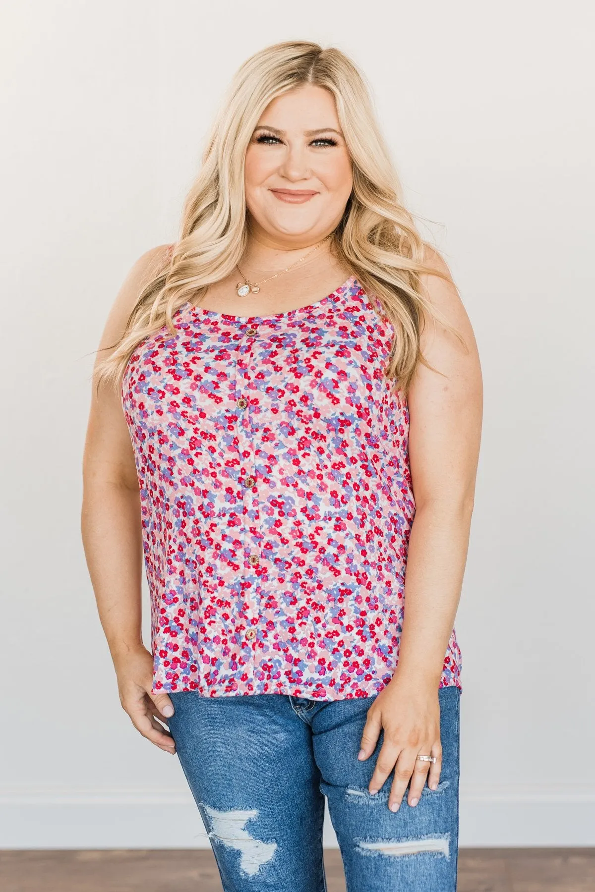 Casual Elegance Floral Tank Top- Pink Multi-Color