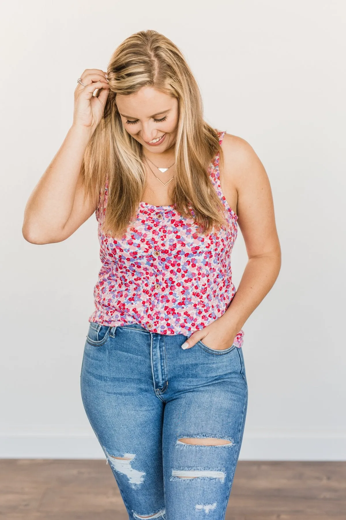 Casual Elegance Floral Tank Top- Pink Multi-Color