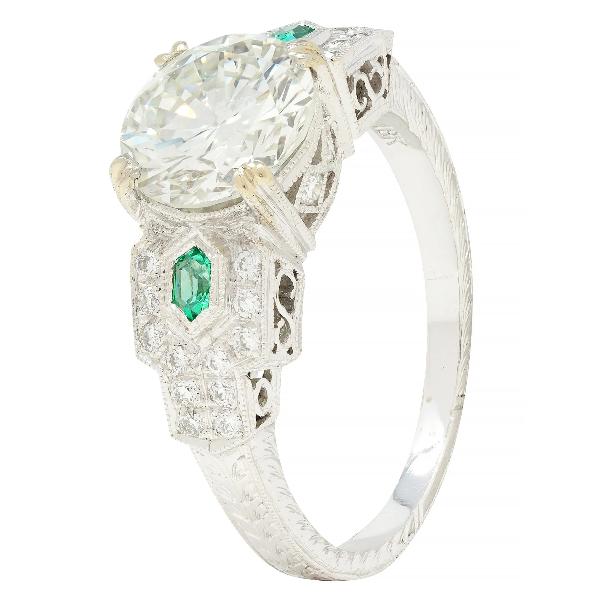 Contemporary 2.21 CTW Diamond Emerald 18 Karat White Gold Engagement Ring GIA