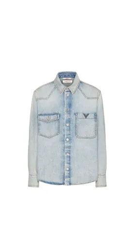 Denim Shirt With Metallic V Detail - Light Blue