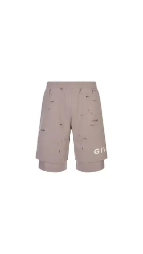 Destroyed Track Bermuda Shorts - Beige