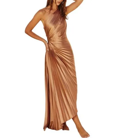 DRESS FORUM Asymmetrical Pleated Maxi Dress In Golden Sand