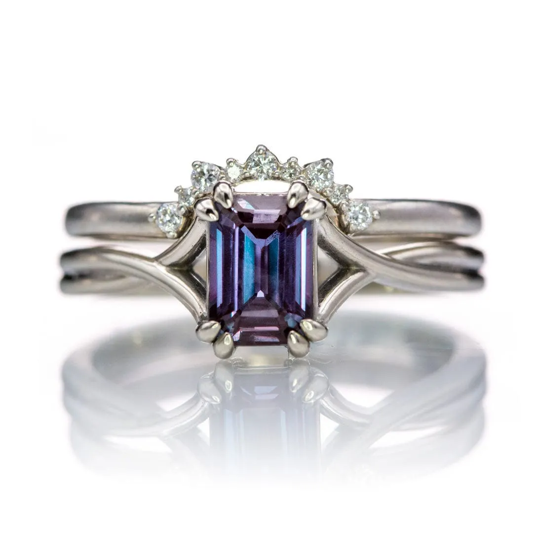 Emerald Cut Alexandrite Ivy Ring - 10k White Gold Double Prong Set Split Shank Solitaire Engagement Ring, Ready to Ship