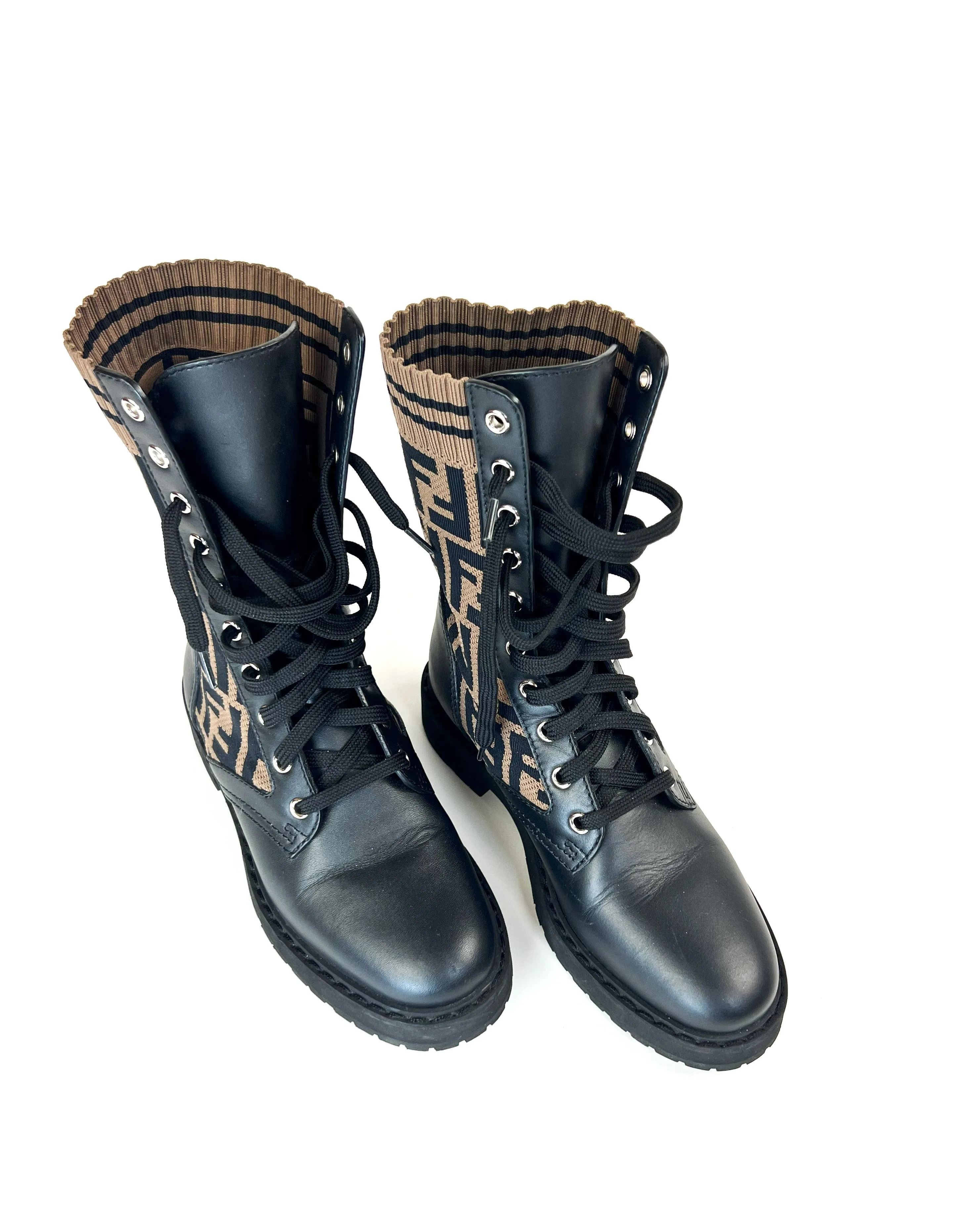 Fendi Monogram Stretch Knit and Black Leather Lace Up Combat Boots Size 35