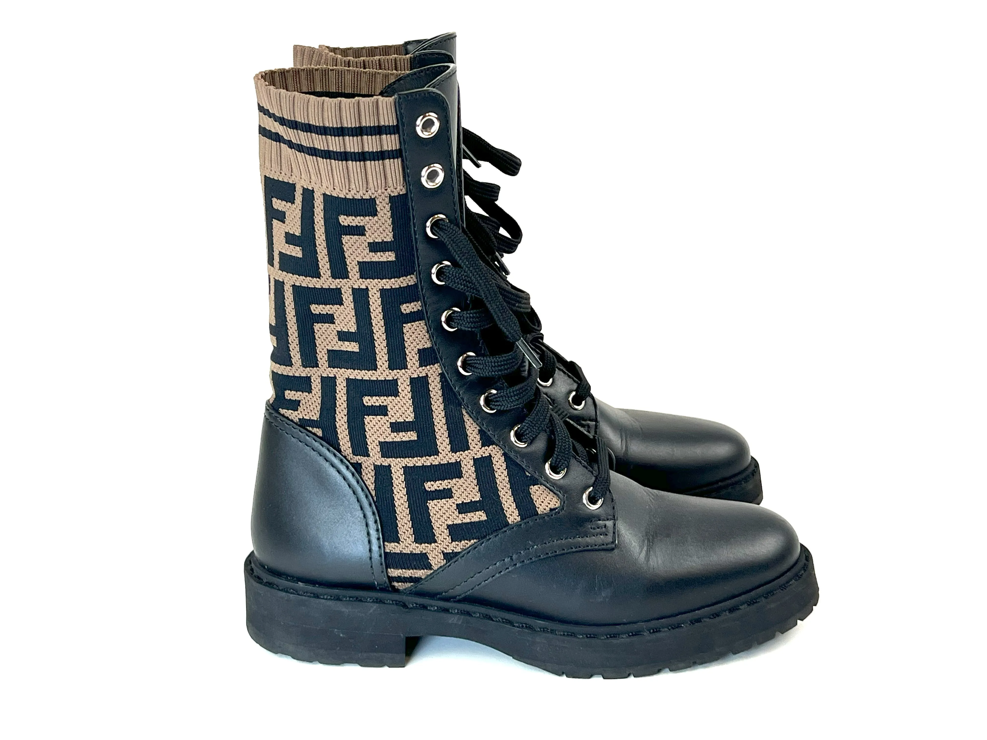 Fendi Monogram Stretch Knit and Black Leather Lace Up Combat Boots Size 35