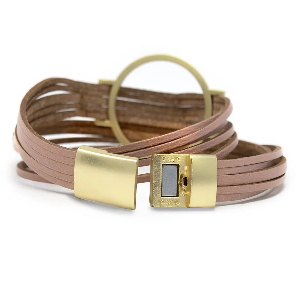 Five String Leather Wrap Bracelet with Gold Accent Pink