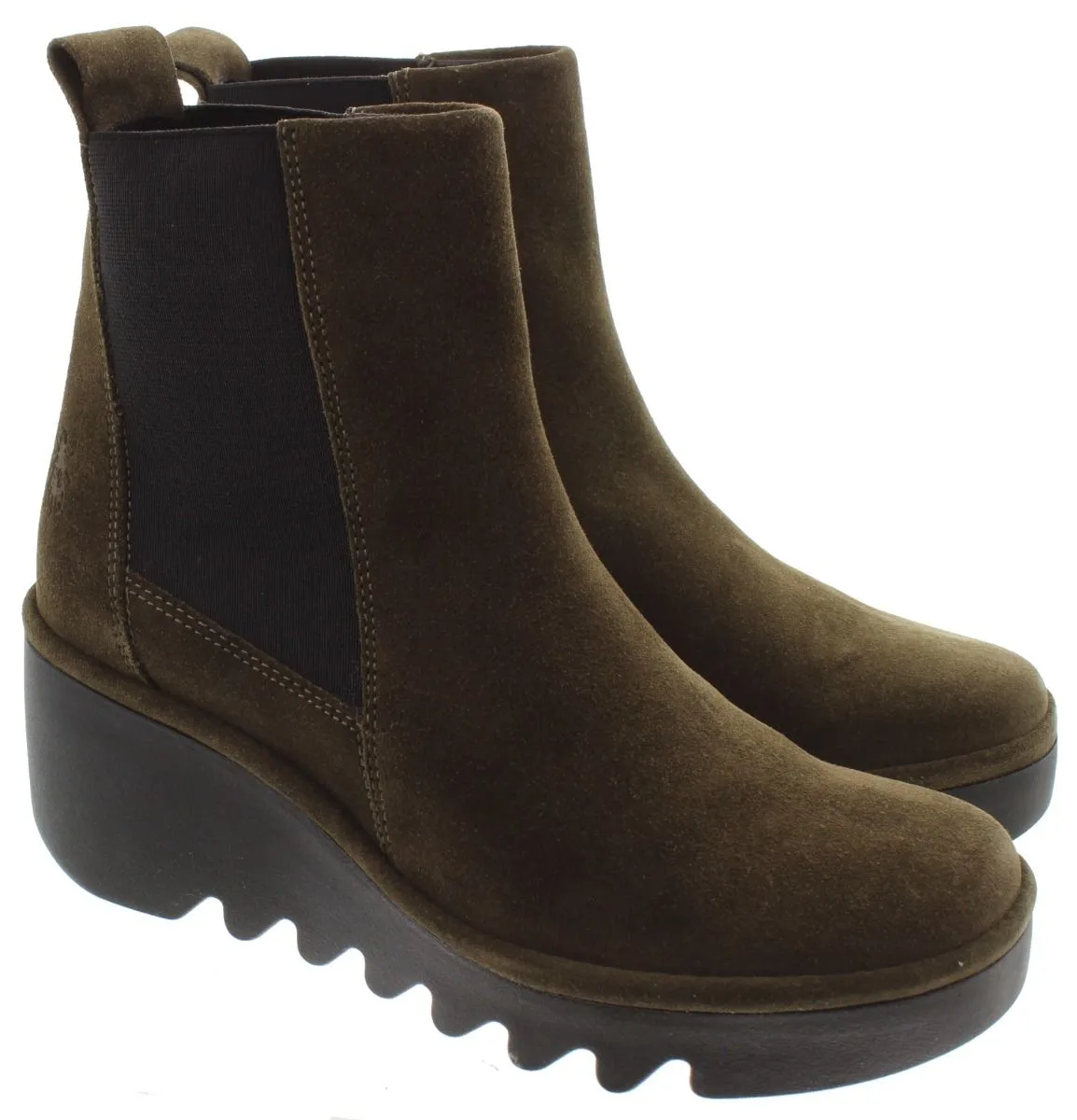 FLY Ladies Bagu Wedge Ankle Boots In Khaki Suede