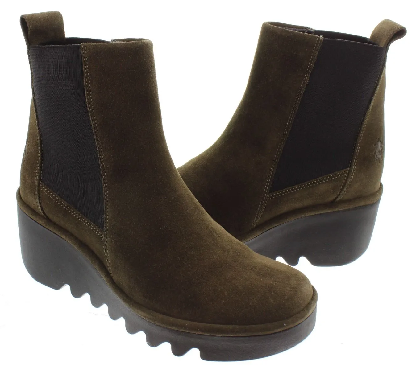 FLY Ladies Bagu Wedge Ankle Boots In Khaki Suede