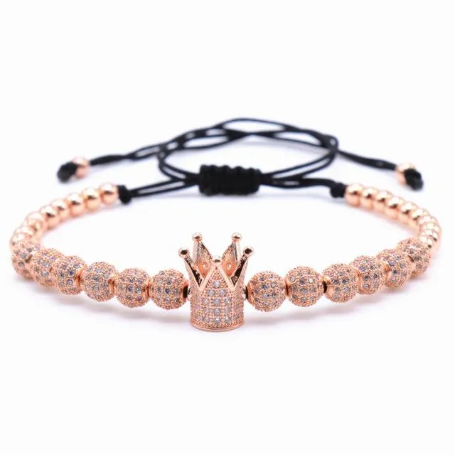 Hip Hop Men's Cubic Micro Pave Crown Charm Zircon Round Beads Braided Bracelet