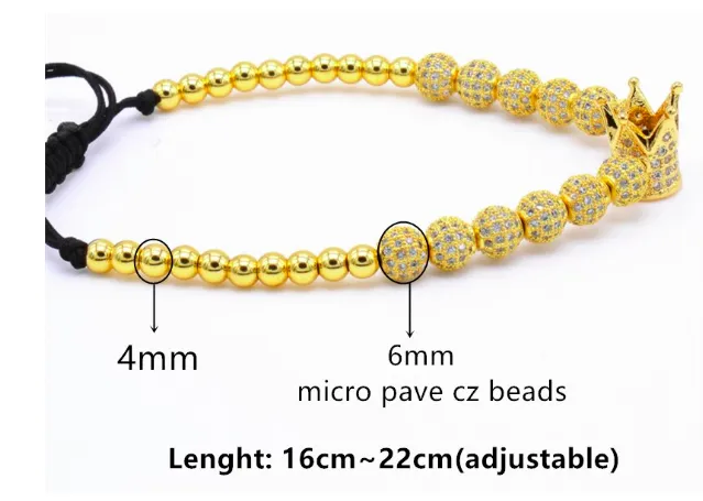 Hip Hop Men's Cubic Micro Pave Crown Charm Zircon Round Beads Braided Bracelet