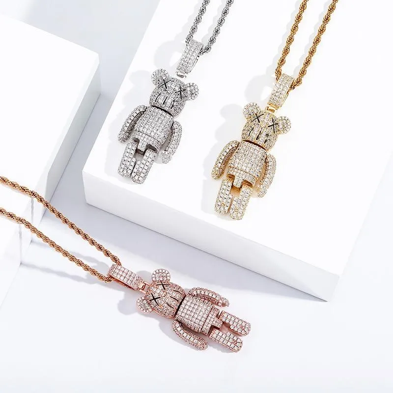 Hip Hop Unisex Iced-out Bling CZ Stone Cartoon Bear Doll Pendant Necklace