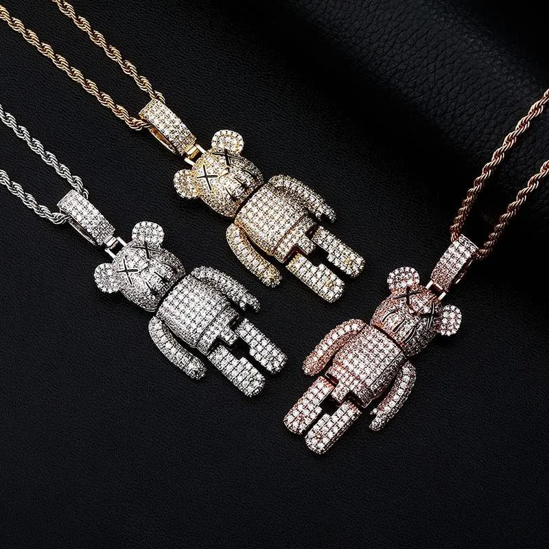 Hip Hop Unisex Iced-out Bling CZ Stone Cartoon Bear Doll Pendant Necklace