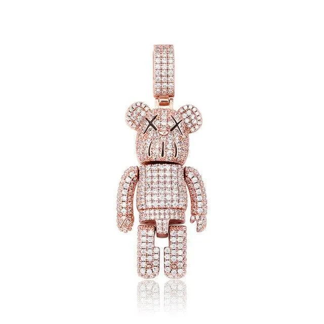 Hip Hop Unisex Iced-out Bling CZ Stone Cartoon Bear Doll Pendant Necklace