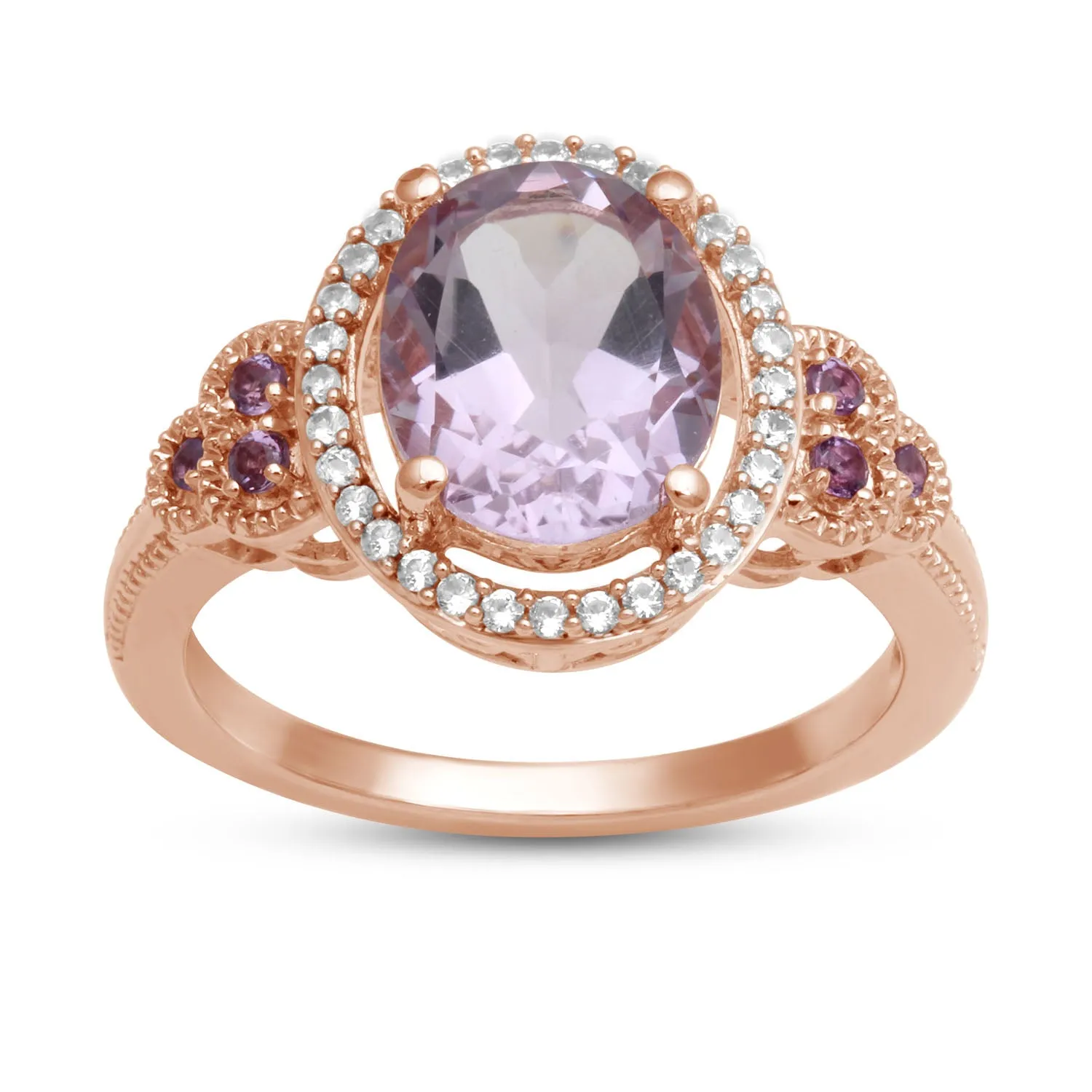 Jewelili 10K Rose Gold with Oval Rose De France with Created White Sapphire Halo Ring