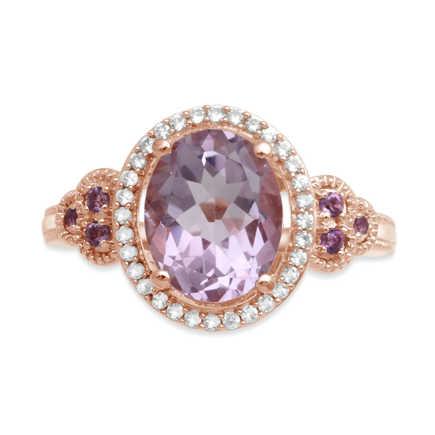 Jewelili 10K Rose Gold with Oval Rose De France with Created White Sapphire Halo Ring