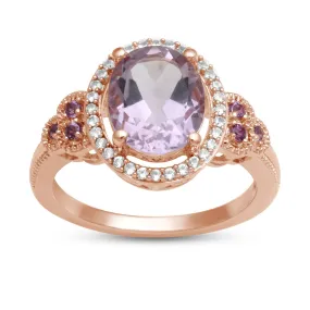 Jewelili 10K Rose Gold with Oval Rose De France with Created White Sapphire Halo Ring