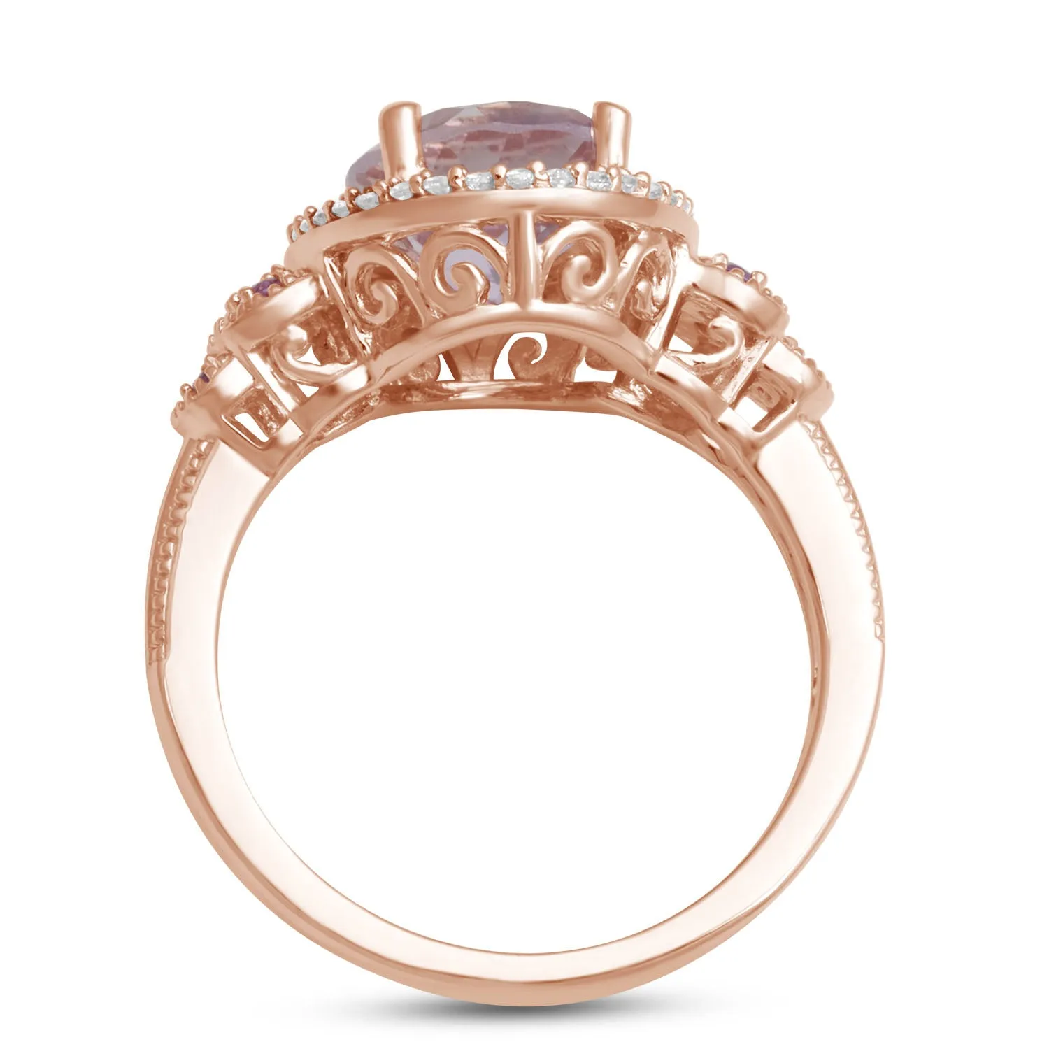 Jewelili 10K Rose Gold with Oval Rose De France with Created White Sapphire Halo Ring