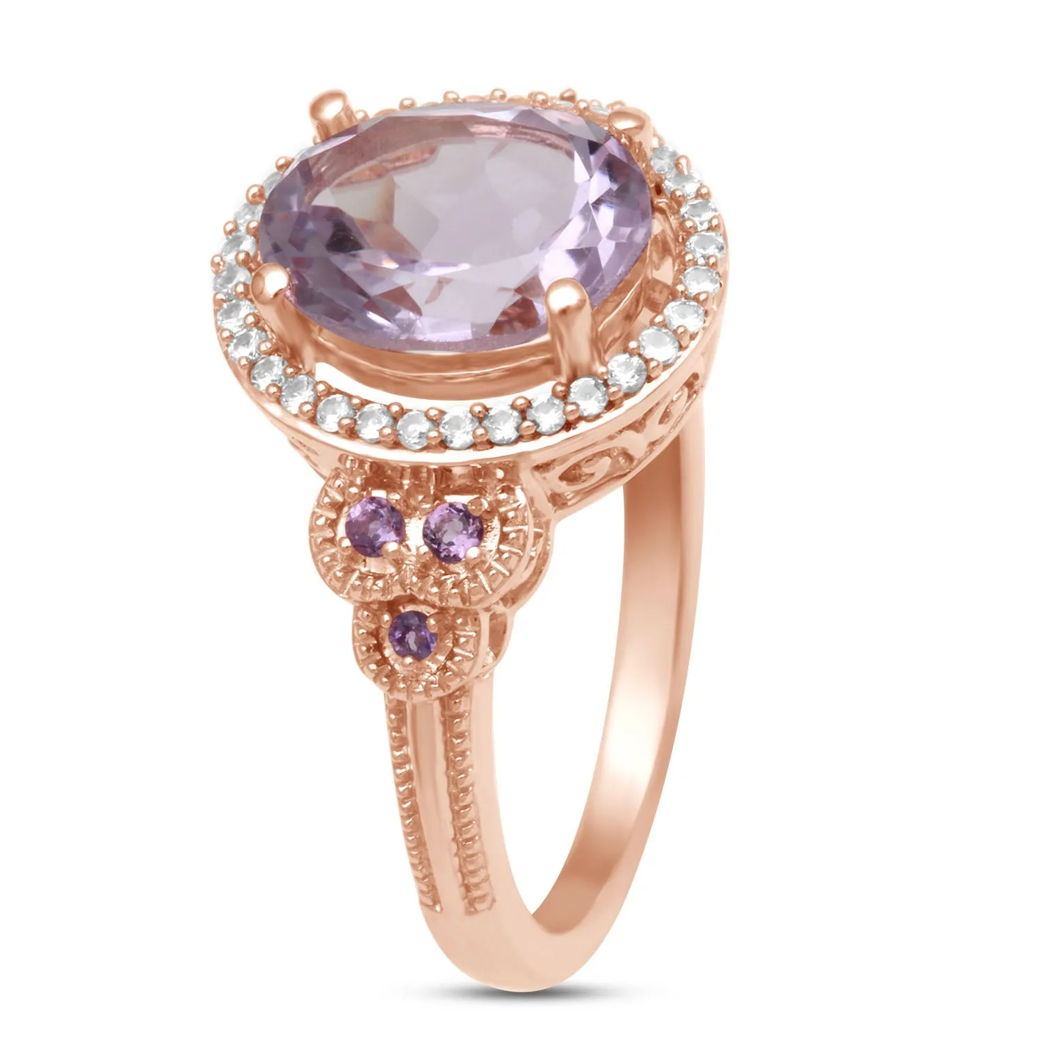 Jewelili 10K Rose Gold with Oval Rose De France with Created White Sapphire Halo Ring