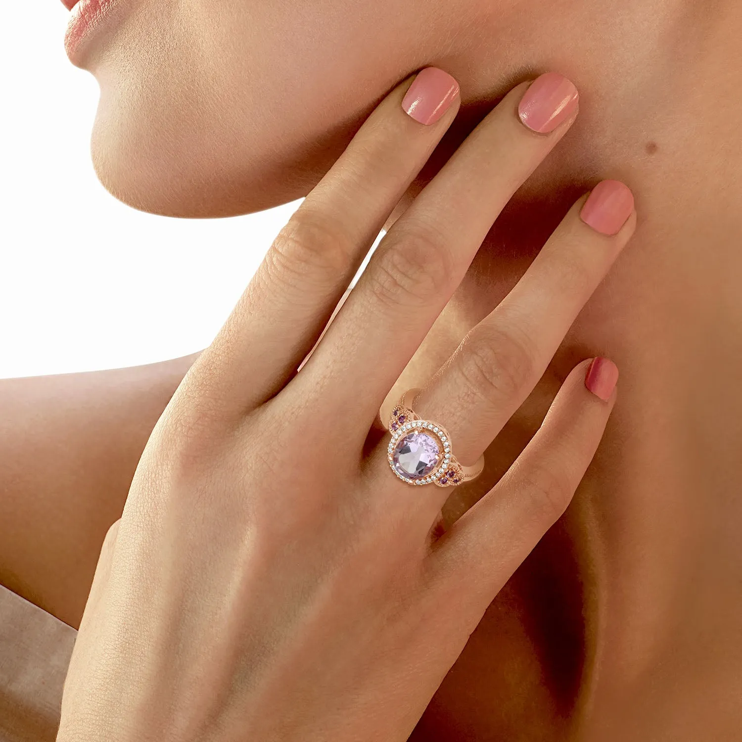 Jewelili 10K Rose Gold with Oval Rose De France with Created White Sapphire Halo Ring