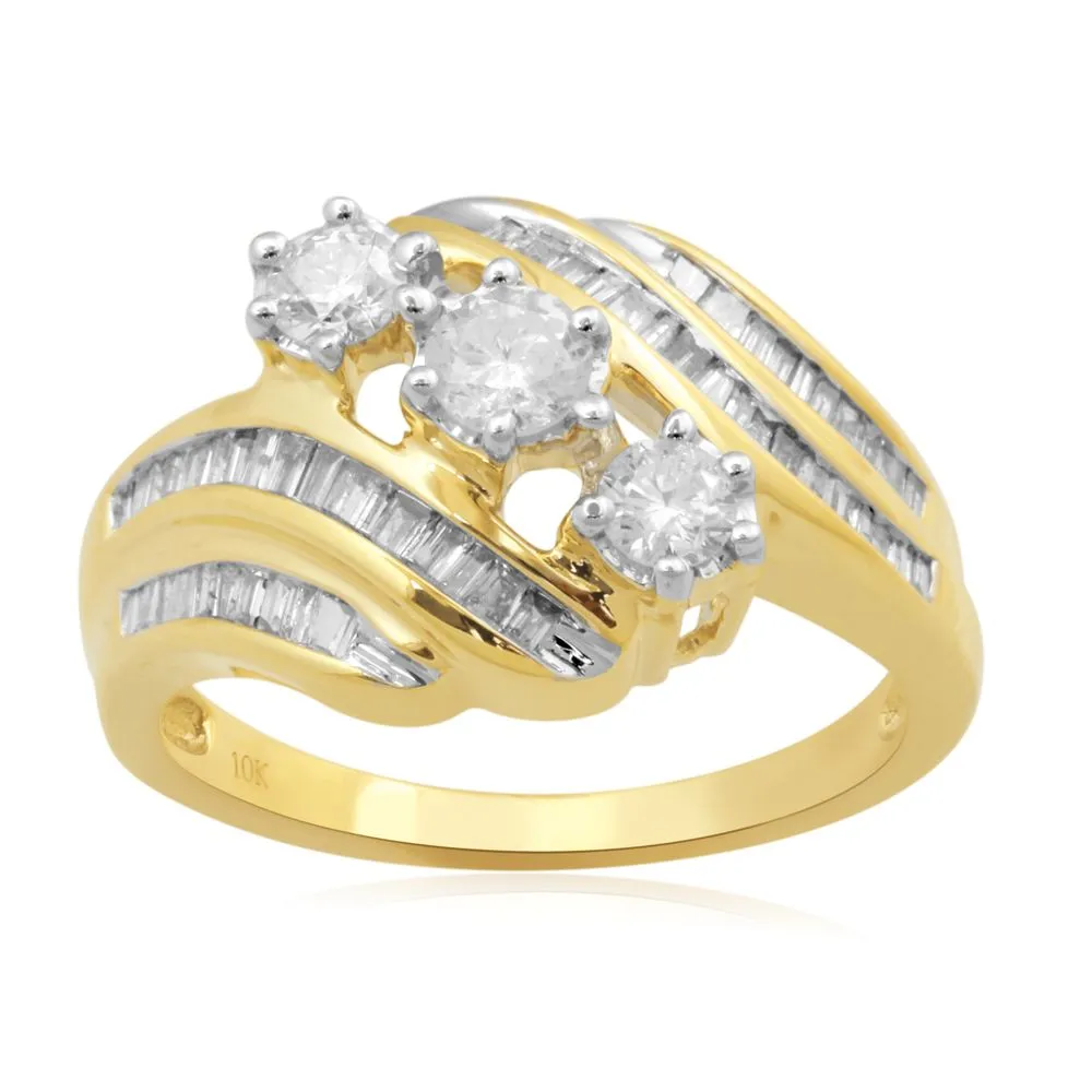 Jewelili 10K Yellow Gold with 3/4 CTTW Natural White Baguette and Round Cut Diamonds 3 Stone Engagement Ring