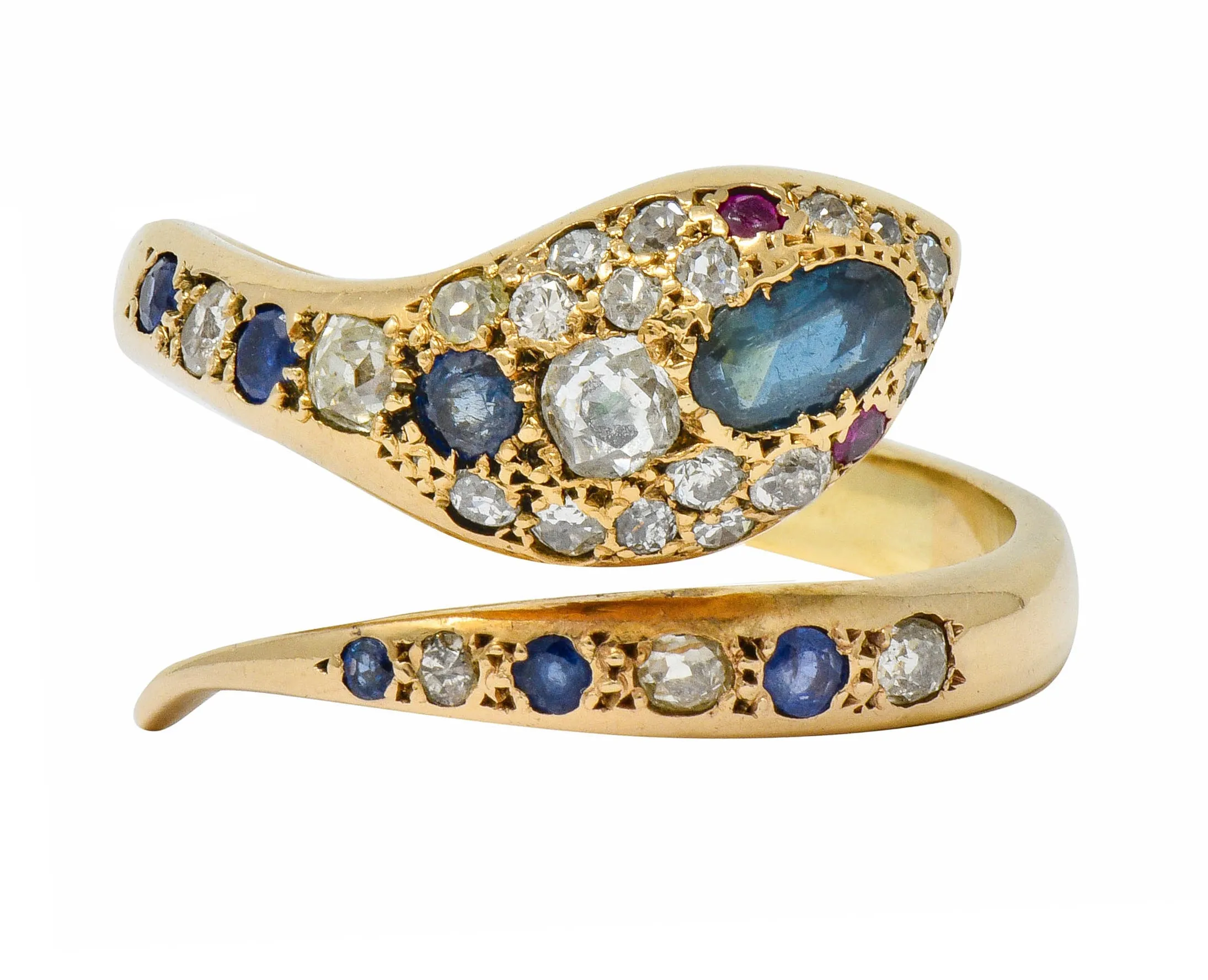 Large Victorian Sapphire Diamond 14 Karat Gold Unisex Bypass Snake Ring