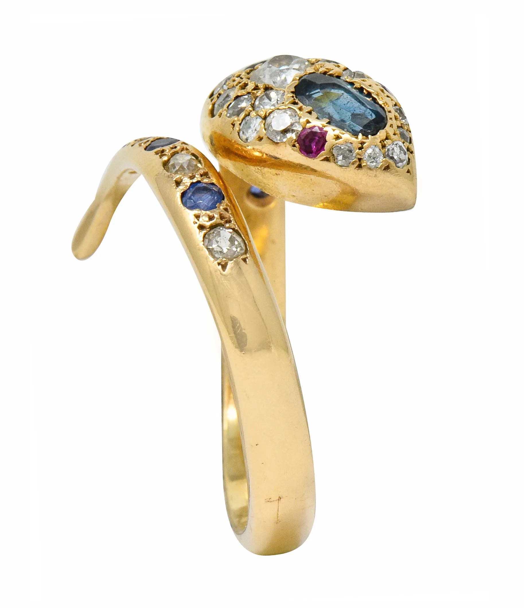 Large Victorian Sapphire Diamond 14 Karat Gold Unisex Bypass Snake Ring