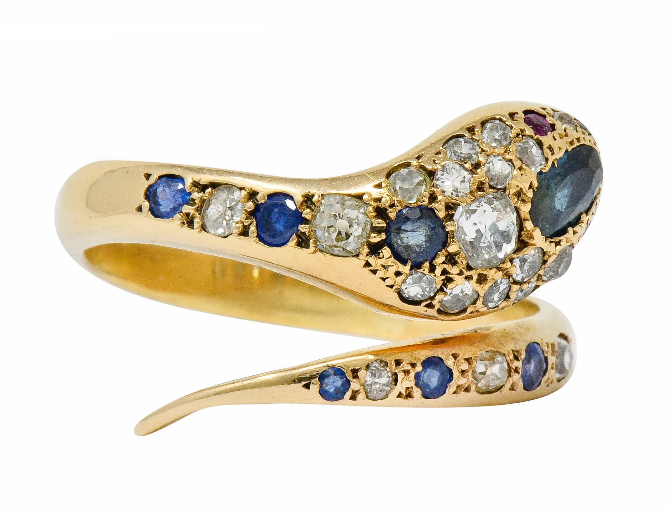 Large Victorian Sapphire Diamond 14 Karat Gold Unisex Bypass Snake Ring