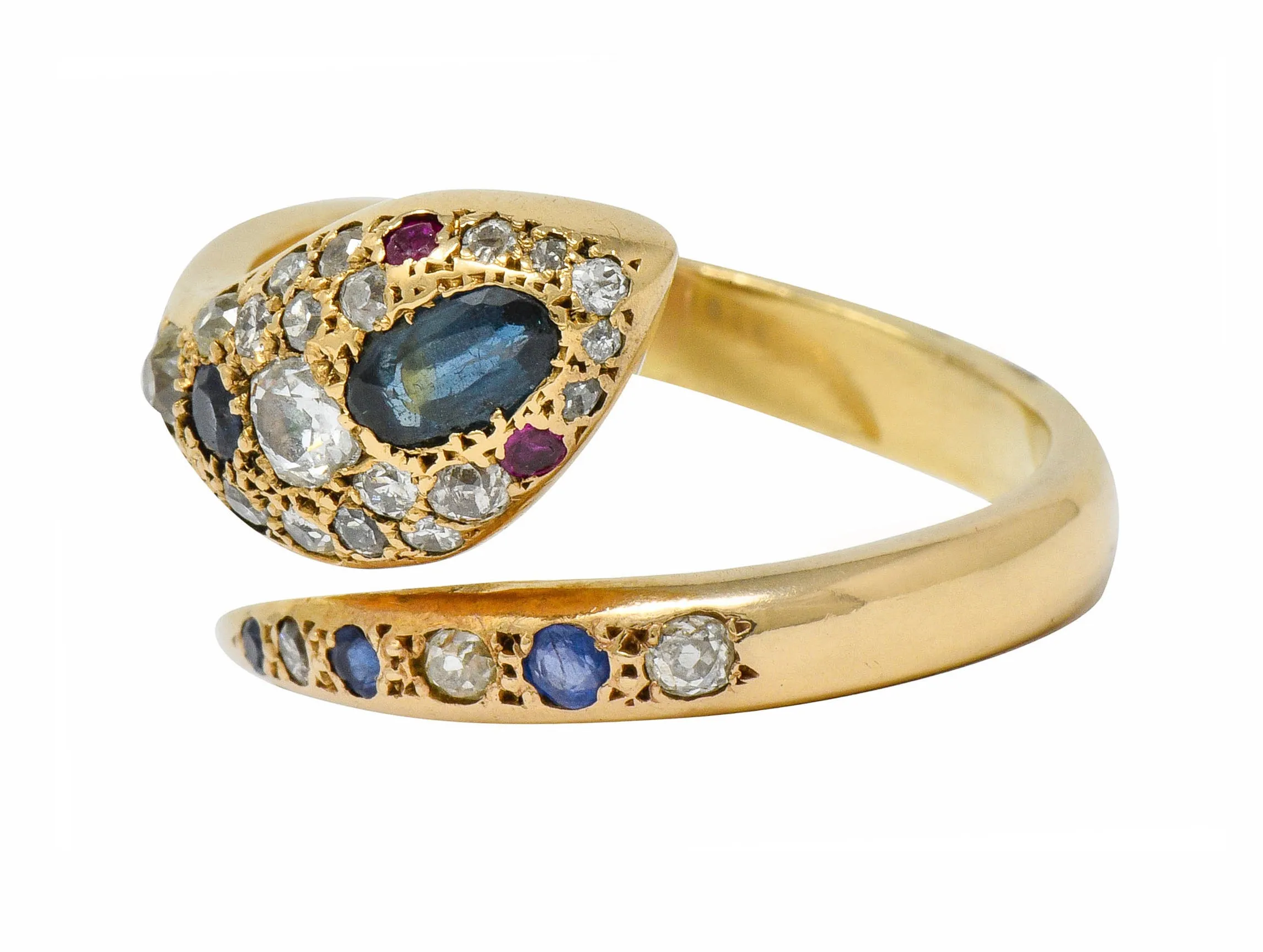 Large Victorian Sapphire Diamond 14 Karat Gold Unisex Bypass Snake Ring