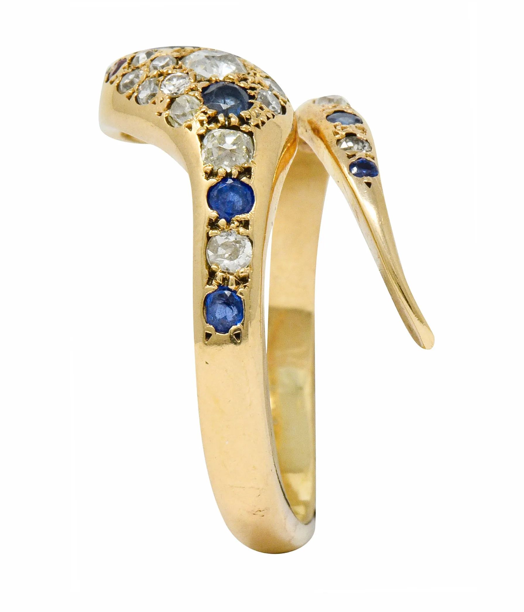 Large Victorian Sapphire Diamond 14 Karat Gold Unisex Bypass Snake Ring