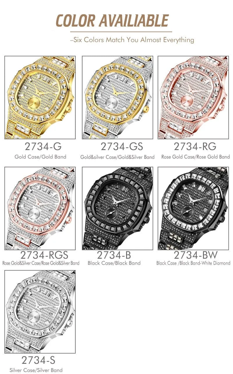 Luxury Men's Stainless Steel Bling Diamond Iced Out Quartz Wristwatch