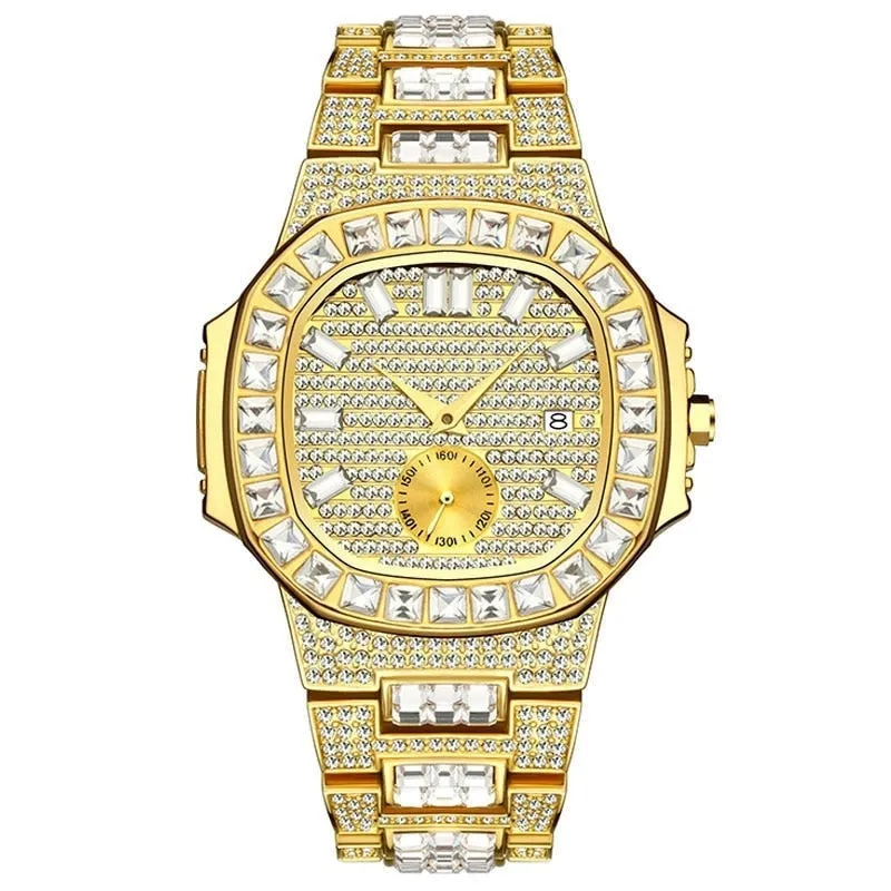 Luxury Men's Stainless Steel Bling Diamond Iced Out Quartz Wristwatch